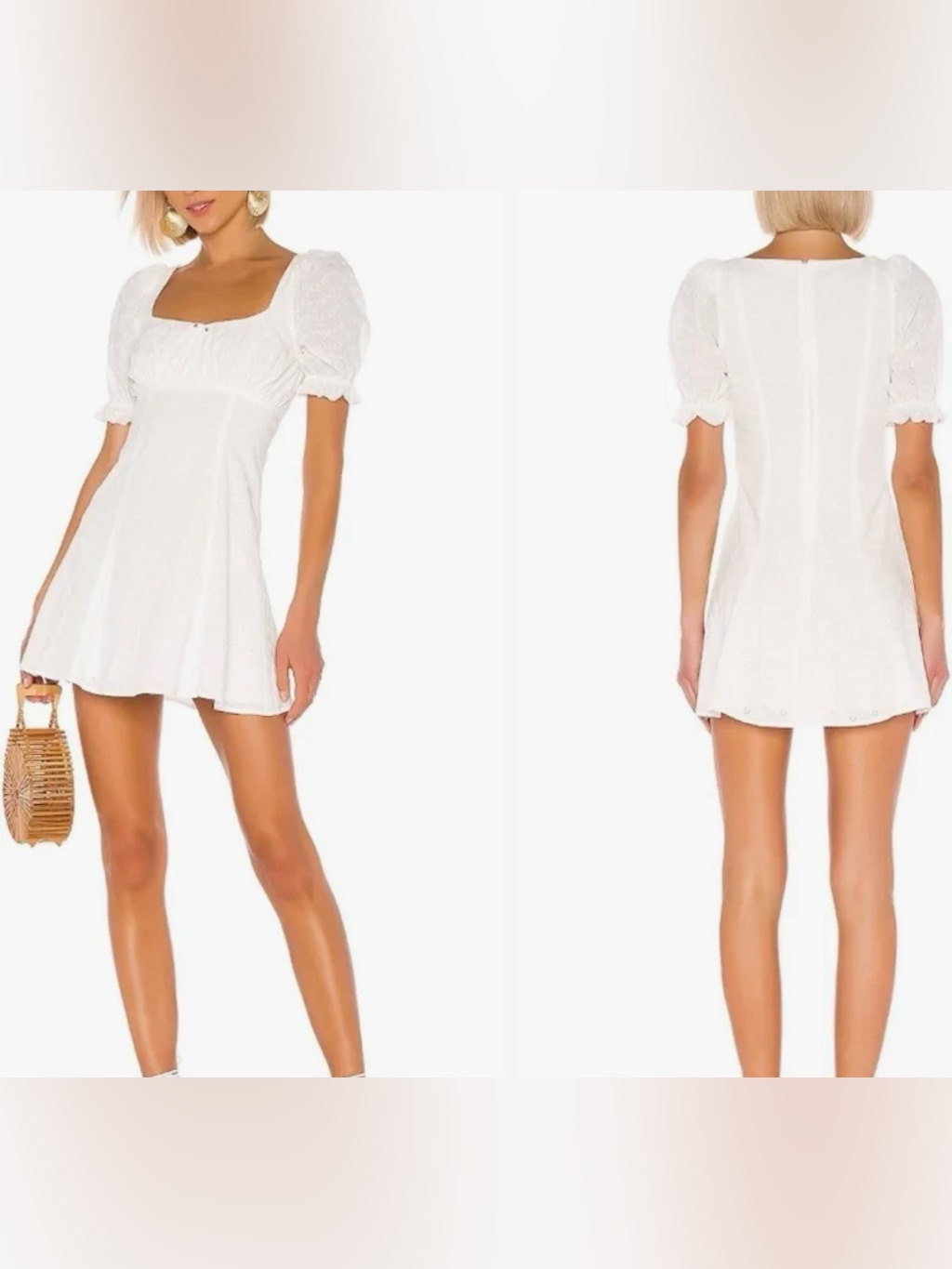 Lpa Simona White Puff Sleeve Square-Neck Mini Dress